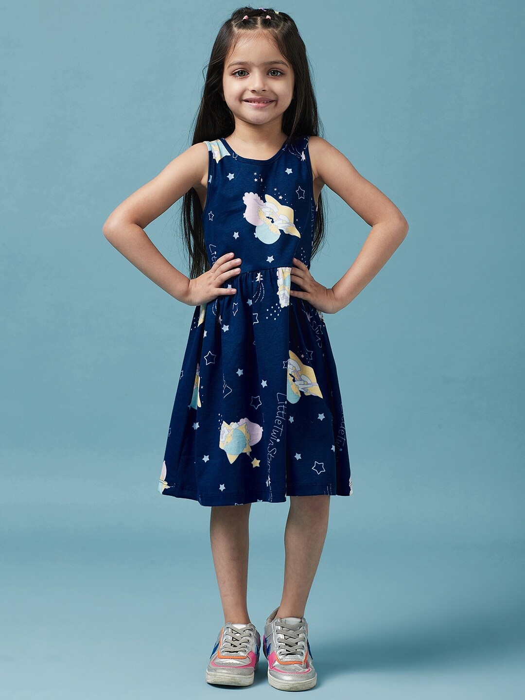 

pspeaches Girls Sleeveless Graphic Printed Cotton Dress, Navy blue