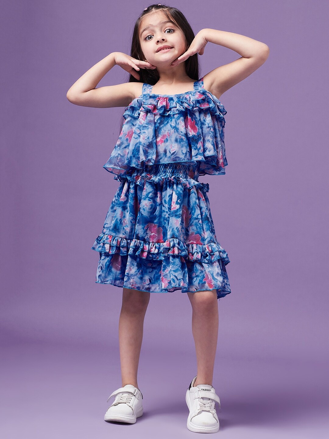 

pspeaches Girls Floral Printed Ruffled Chiffon Fit & Flare Dress, Blue