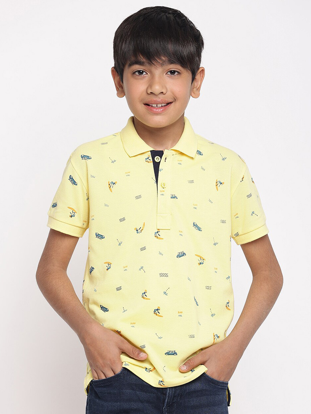 

Lil Tomatoes Boys Printed Polo Collar Cotton T-shirts, Yellow