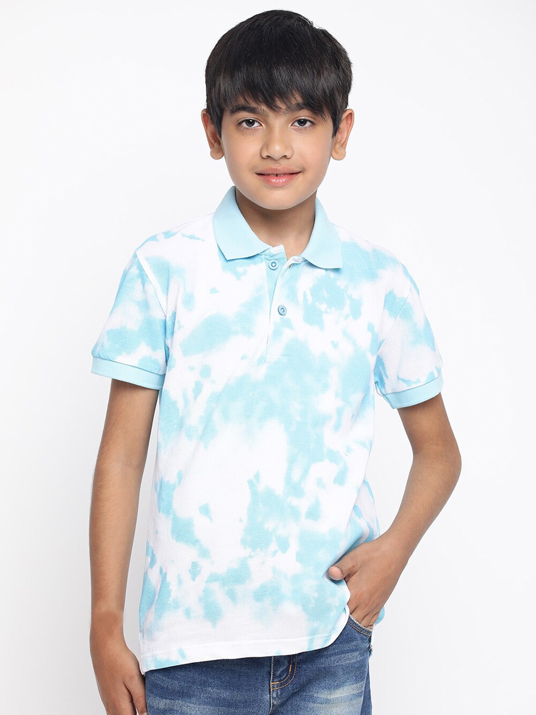 

Lil Tomatoes Tie and Dyed Polo Collar Cotton T-shirt, Blue