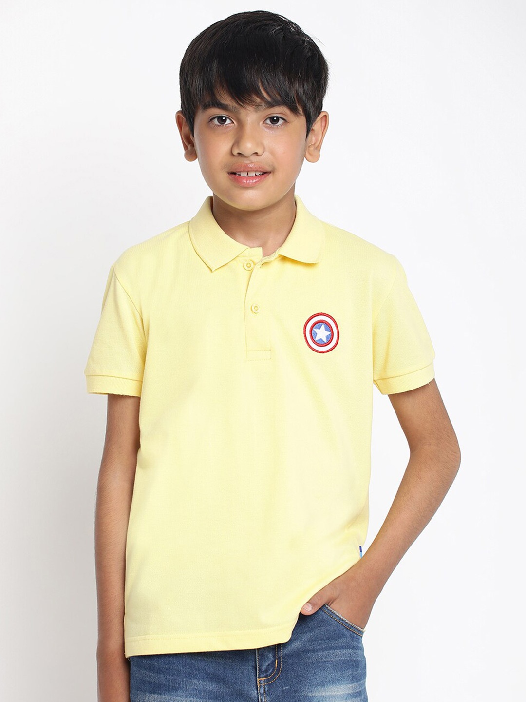 

Lil Tomatoes Boys Captain America Embroidered Polo Collar Cotton T-shirt, Yellow