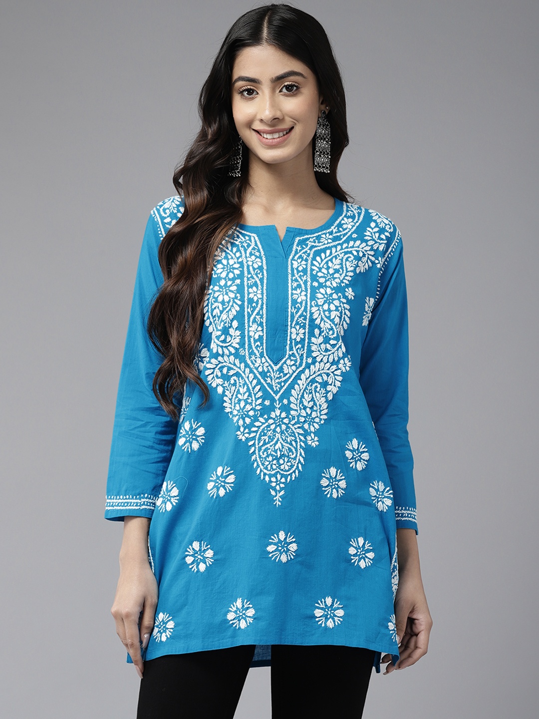 

ADA Ethnic Motifs Embroidered Chikankari Kurti, Blue