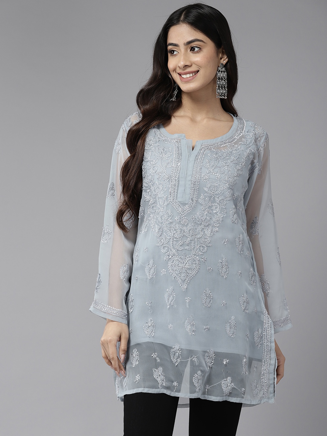 

ADA Chikankari Embroidered Straight Kurti With Slip, Grey