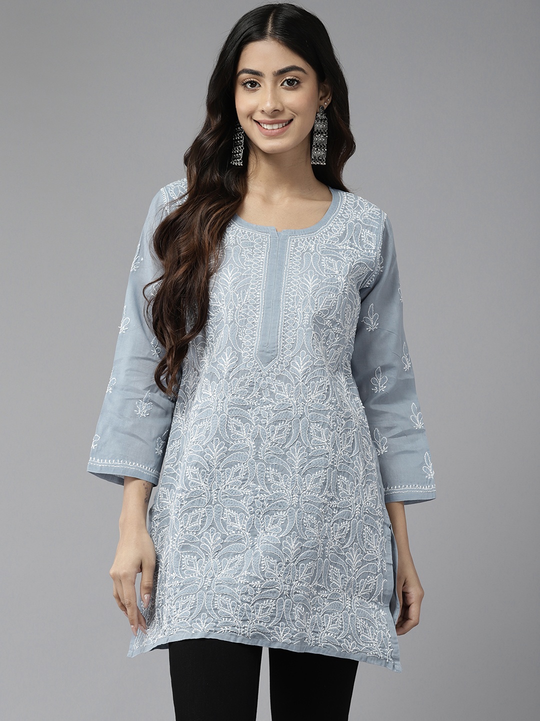 

ADA Ethnic Motifs Embroidered Chikankari Kurti, Grey
