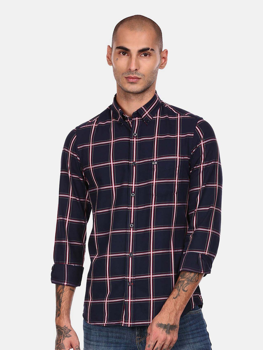 

Arrow Sport Windowpane Checks Cotton Casual Shirt, Navy blue