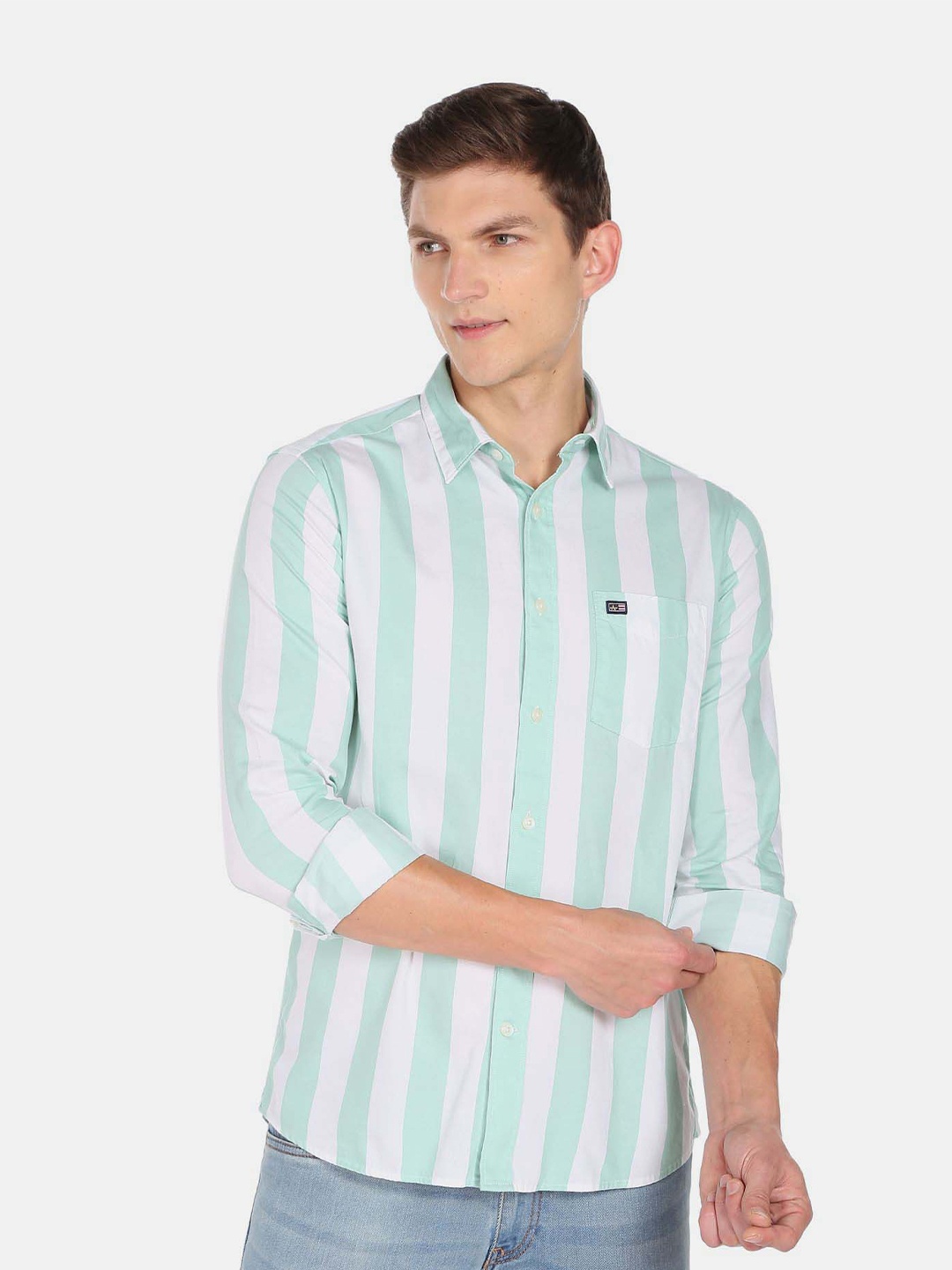 

Arrow Sport Vertical Striped Twill Casual Pure Cotton Shirt, Sea green