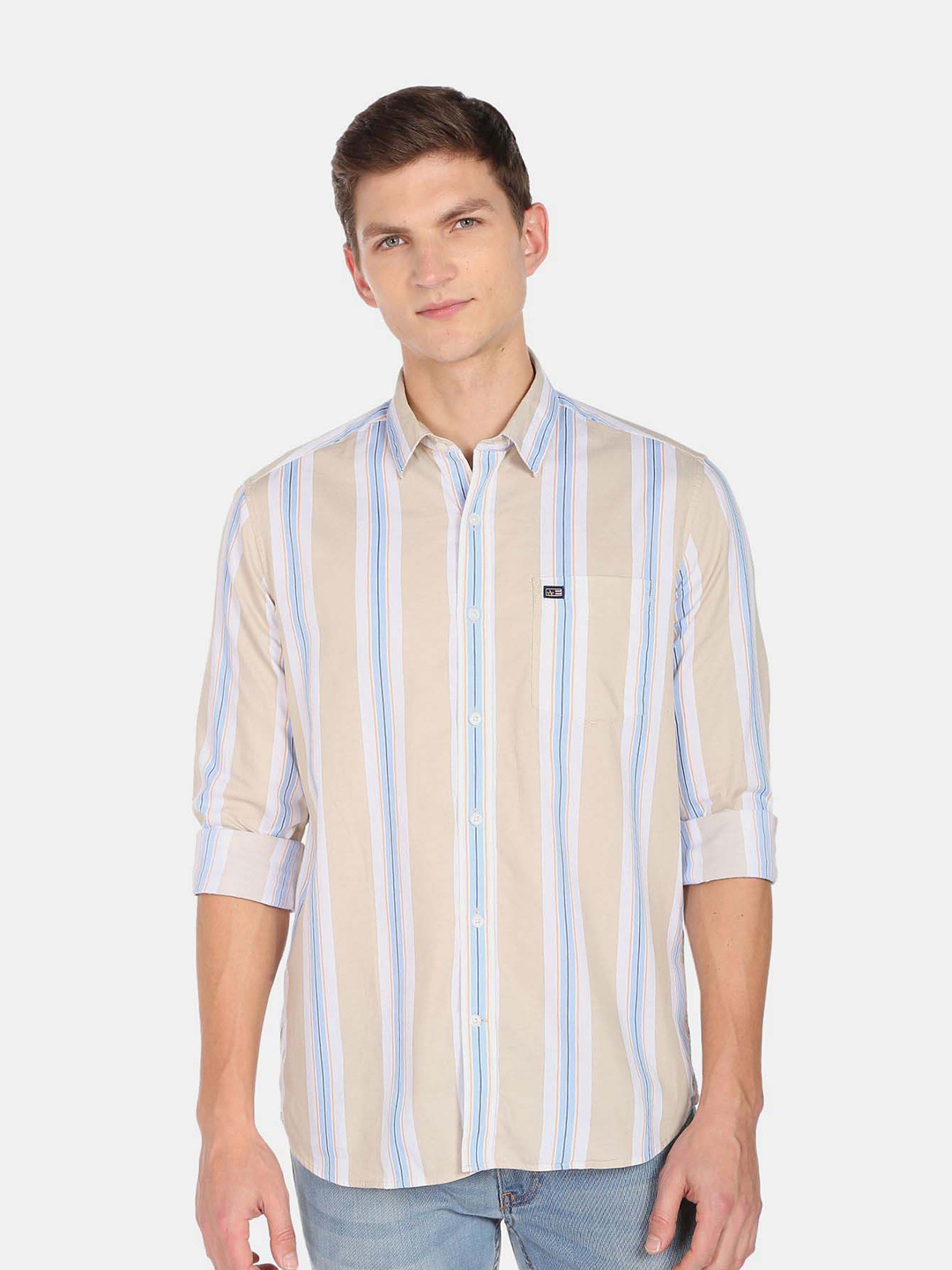 

Arrow Sport Vertical Striped Twill Casual Pure Cotton Shirt, Beige