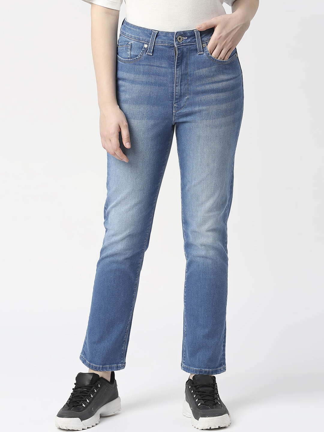 

Pepe Jeans Women Straight Fit High-Rise Heavy Fade Cotton Jeans, Blue