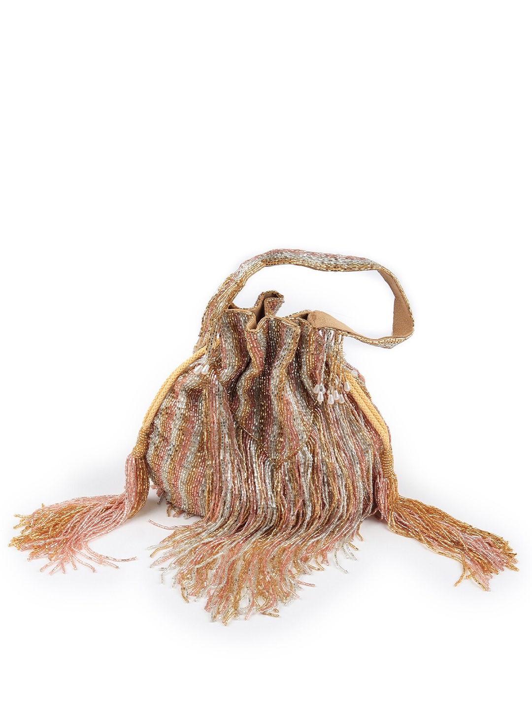 

ODETTE Embellished Potli Clutch With Tassels, Gold