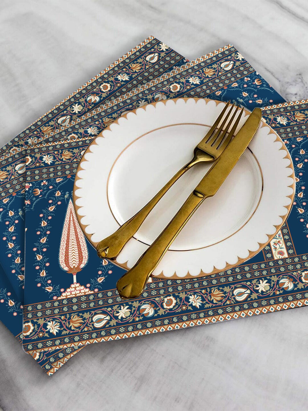 

homewards Blue & Cream 6 Pcs Ethnic Motifs Printed Table Placemats