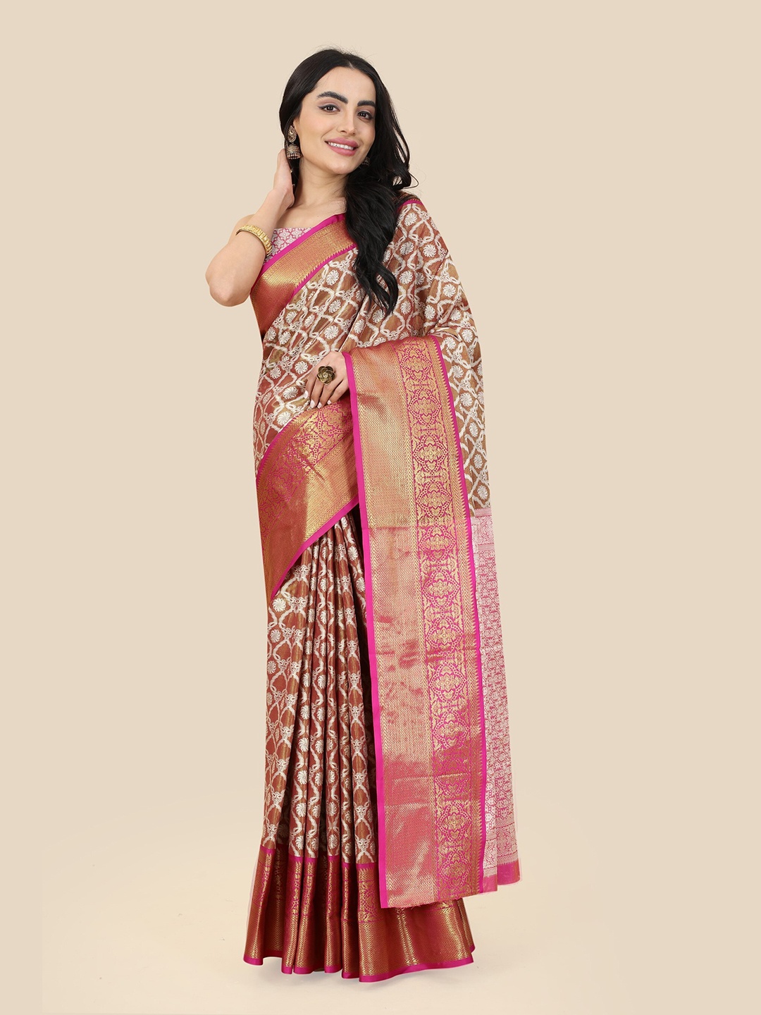 

Anaita Ethnic Motif Zari Tissue Banarasi Saree, Brown