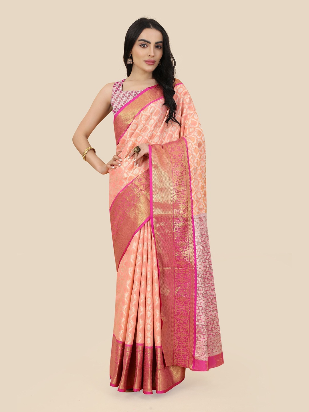 

Anaita Ethnic Motif Zari Tissue Banarasi Saree, Peach