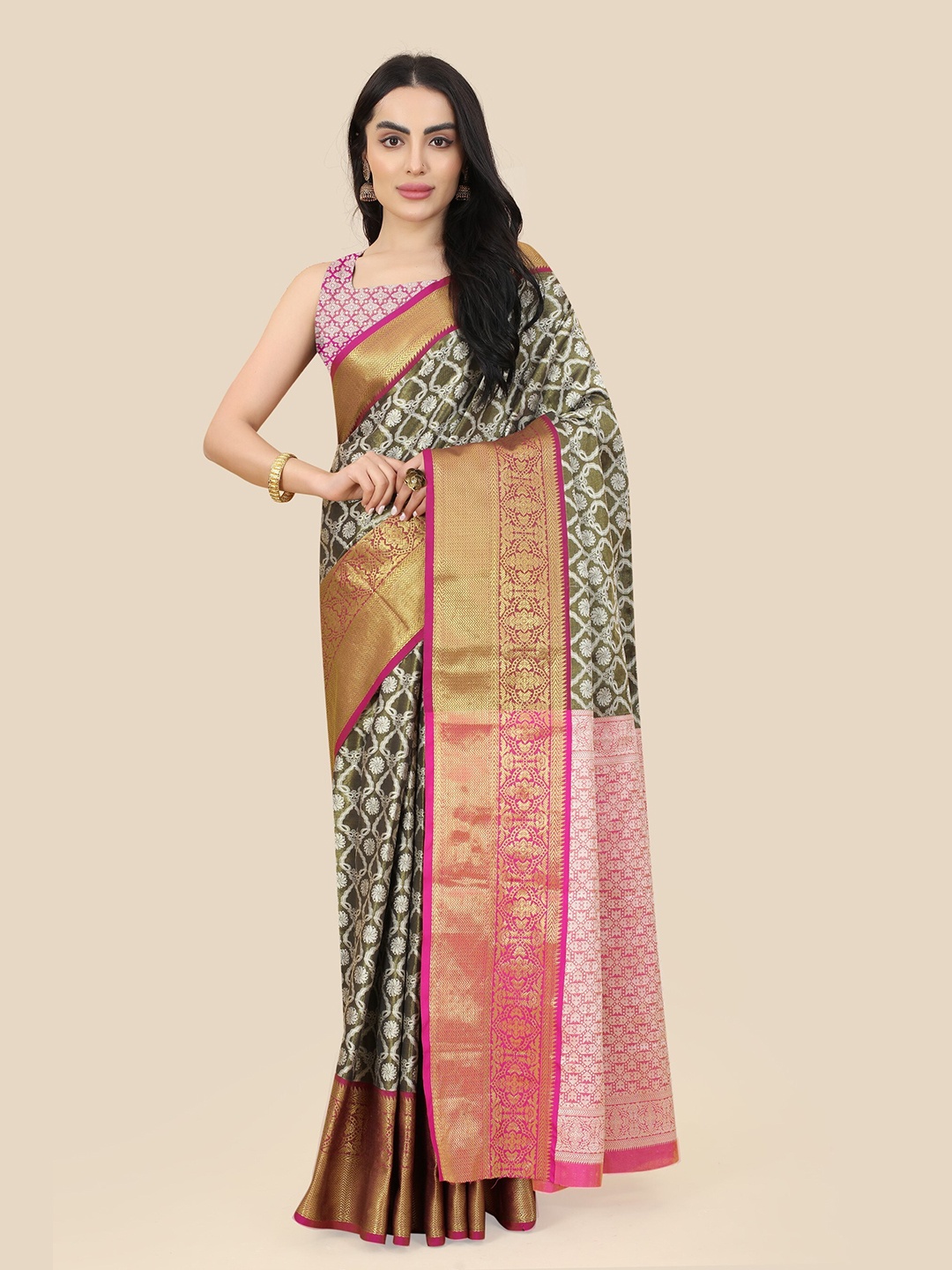 

Anaita Ethnic Motif Zari Tissue Banarasi Saree, Green