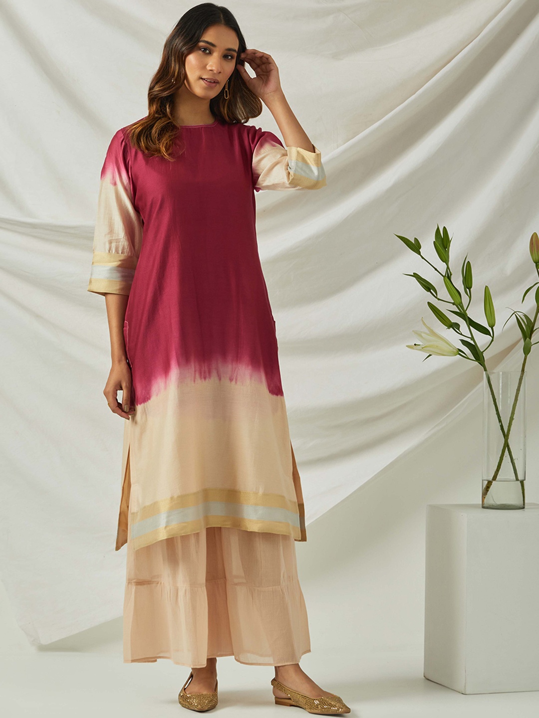 

SMRITI GUPTA Tie and Dyed Ombre Chanderi Cotton Kurta with Sharara, Magenta