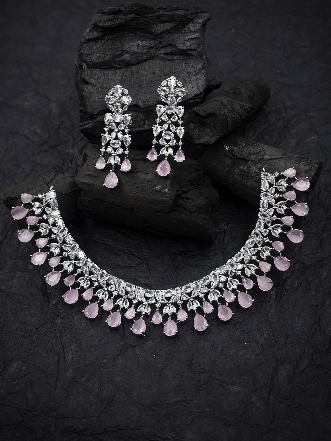 

StileAdda Silver-Plated CZ-Studded Necklace and Earrings, Pink