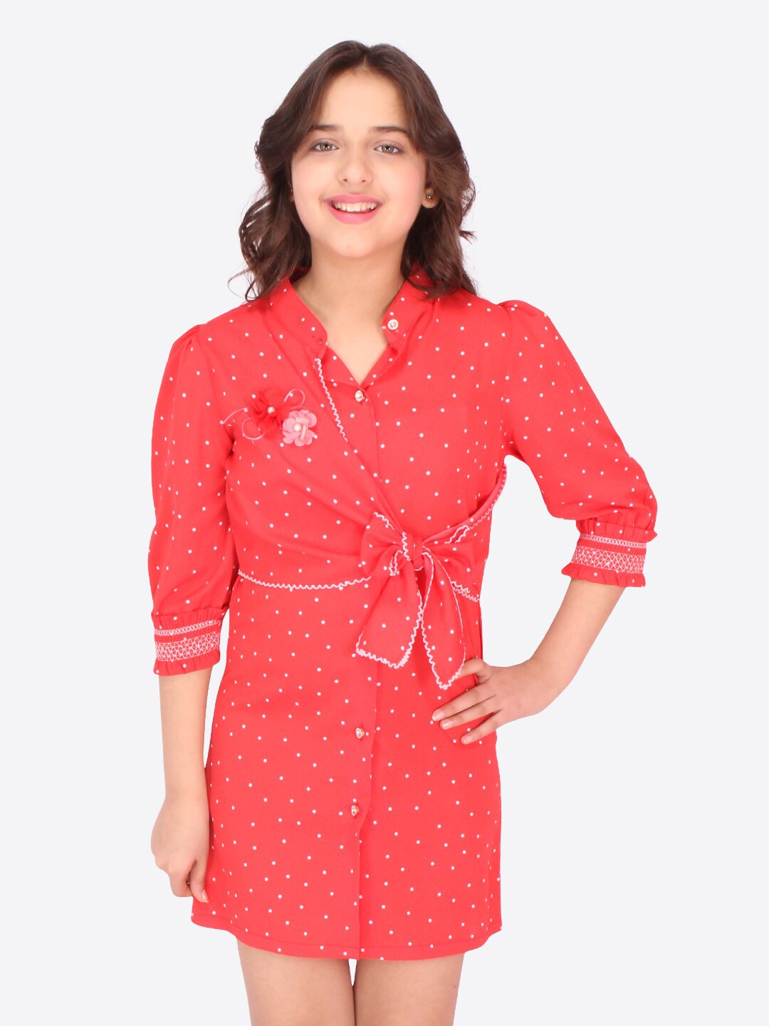 

CUTECUMBER Girls Cuffed Sleeves Tie-Up Polka Dot Printed Shirt Dress, Red