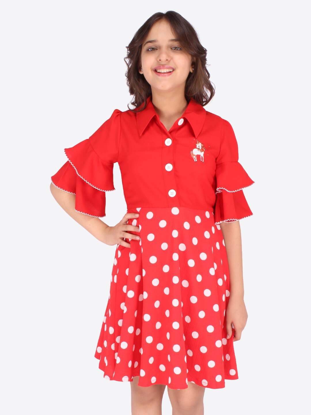 

CUTECUMBER Polka Dot Printed Bell Sleeves Georgette A-Line Dress, Red