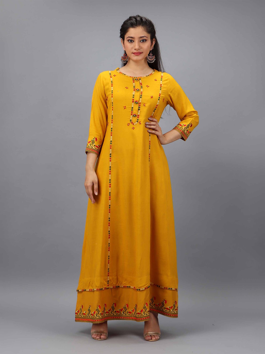 

Pankvi Floral Embroidered Maxi Ethnic Dress, Yellow