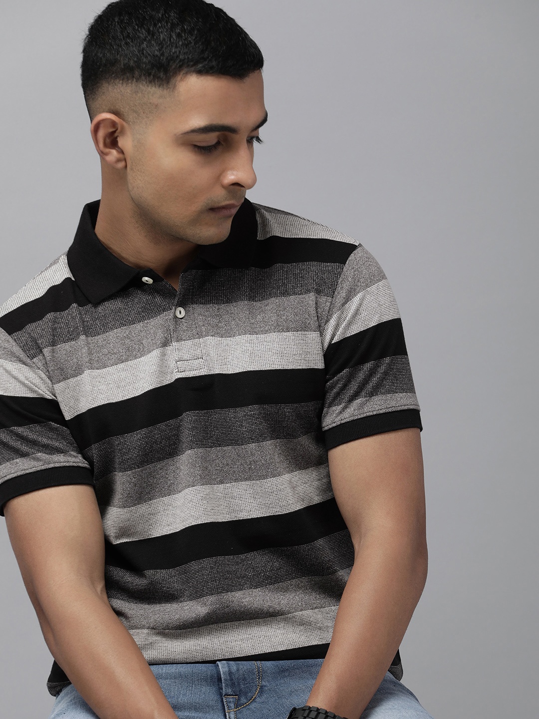 

Roadster Men Regular Fit Striped Polo Collar T-shirt, Black