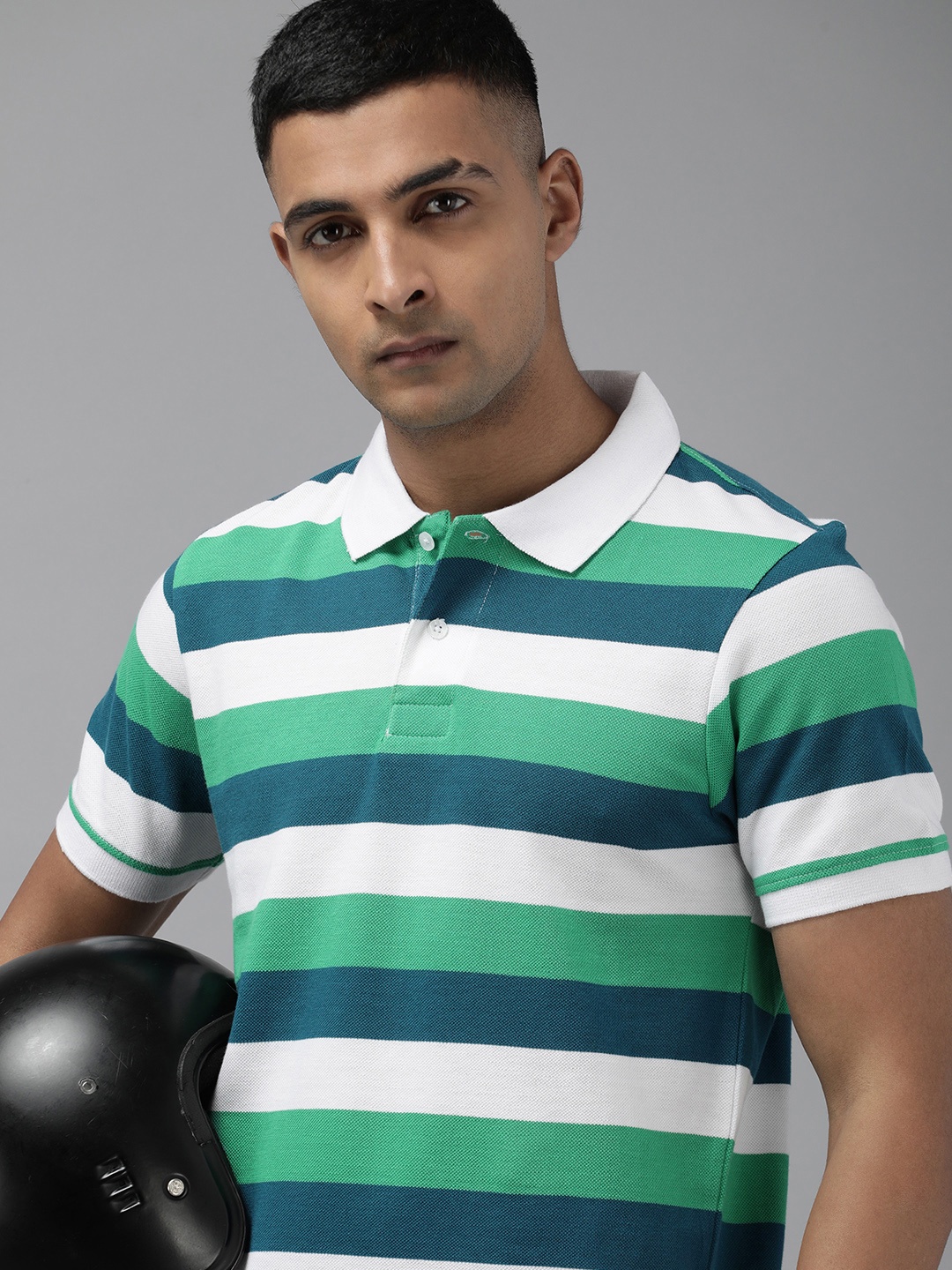 

Roadster Men Regular Fit Striped Polo Collar T-shirt, Green