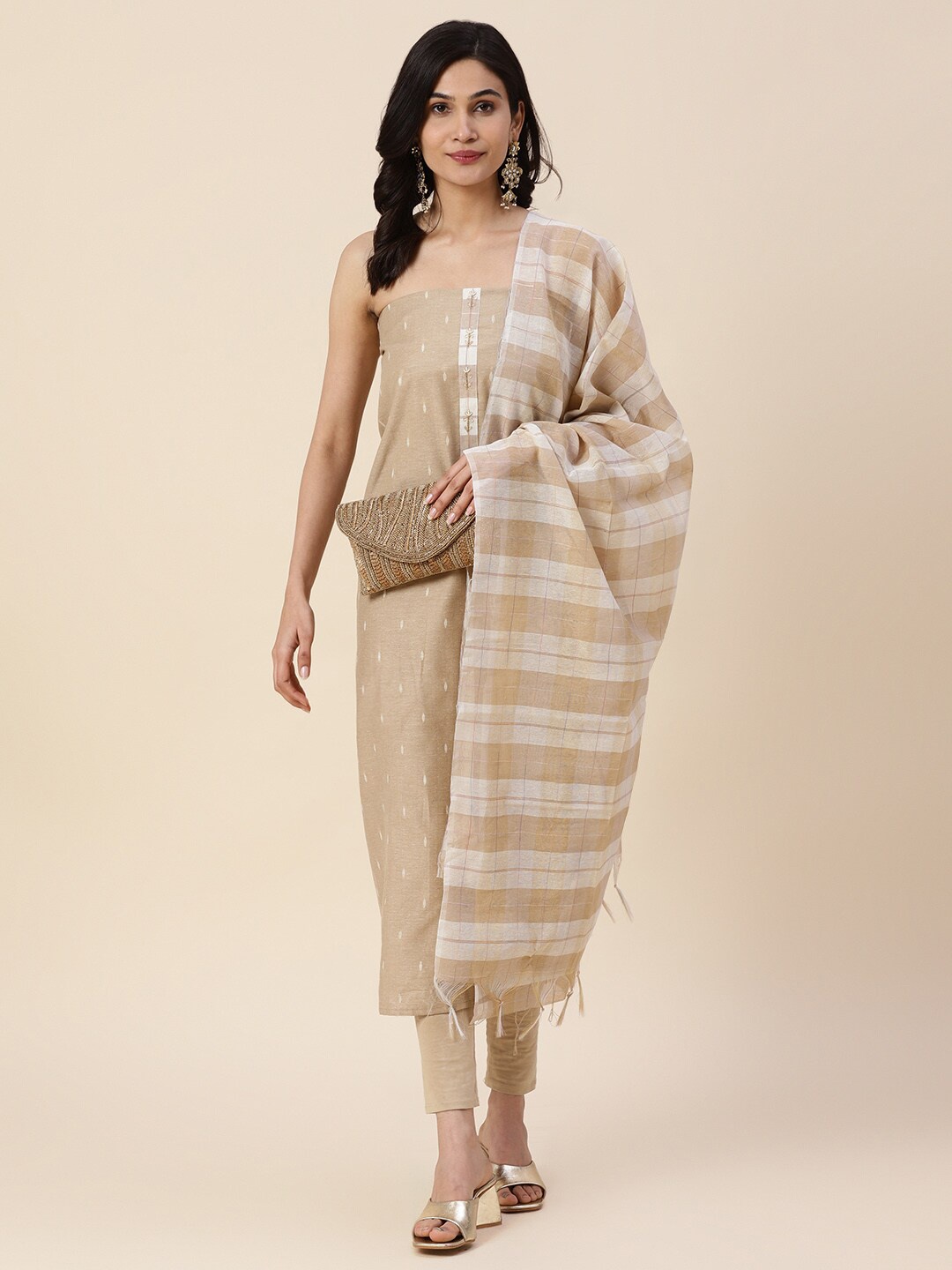 

Meena Bazaar Art Silk Unstitched Dress Material, Beige
