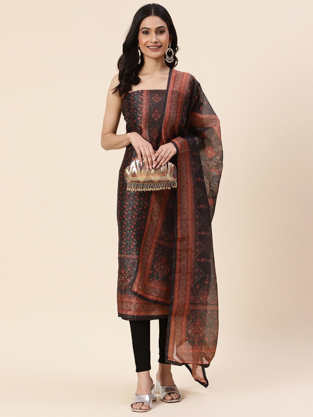 

Meena Bazaar Printed Art Silk Unstitched Dress Material, Black