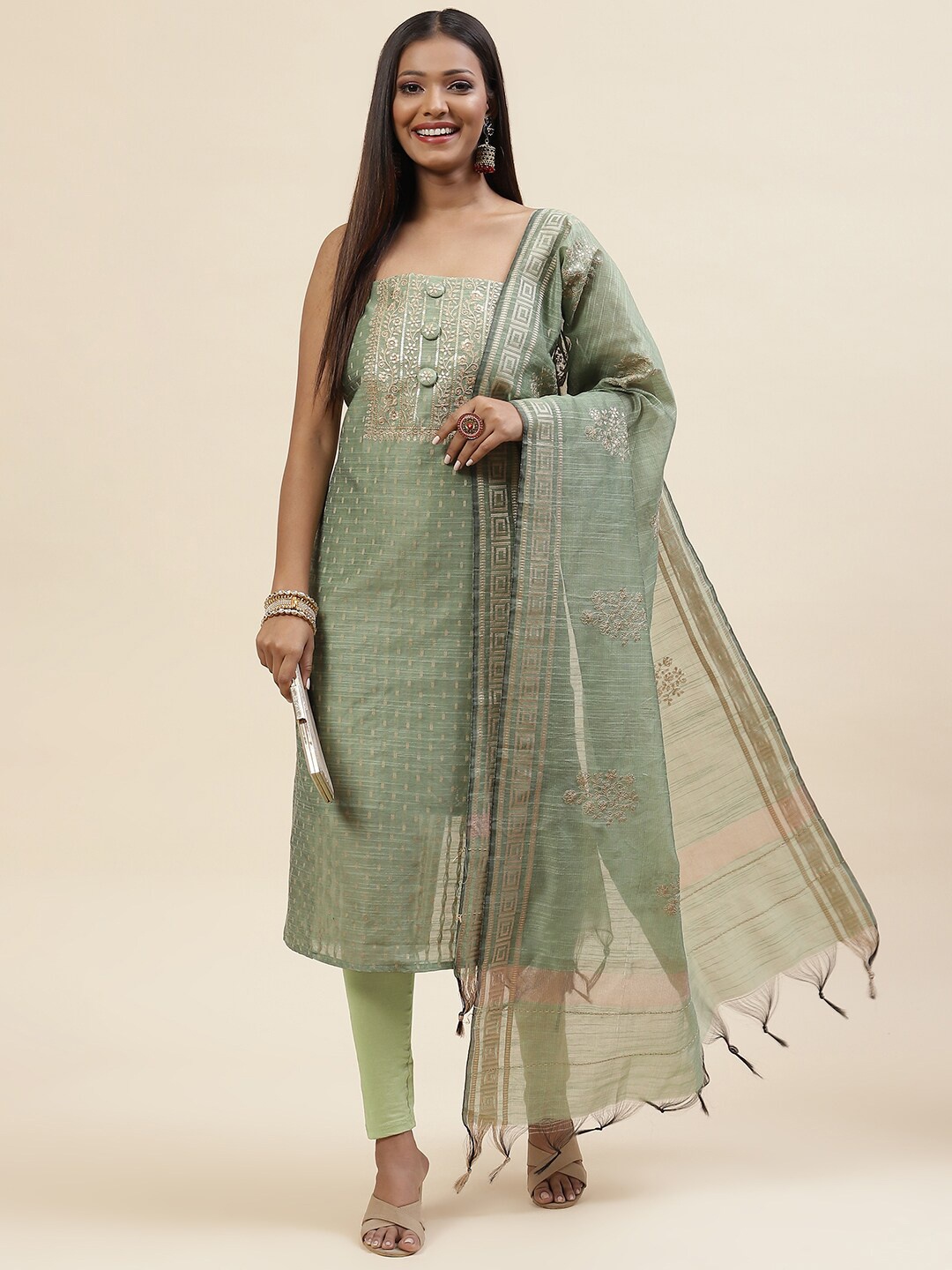 

Meena Bazaar Art Silk Unstitched Dress Material, Green