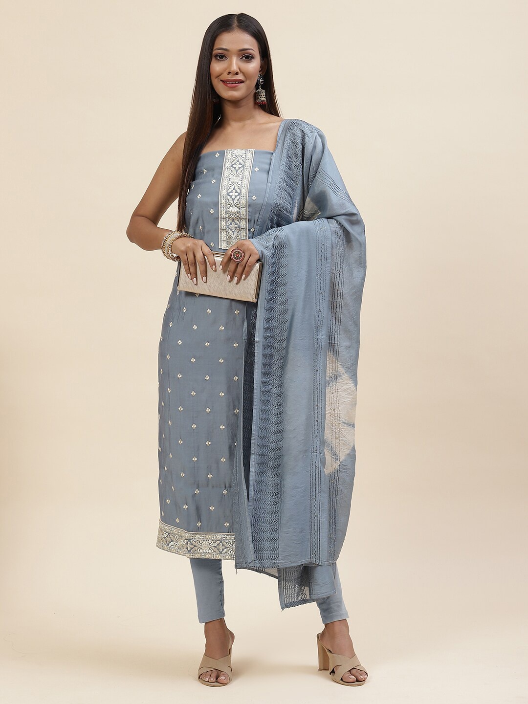 

Meena Bazaar Embroidered Art Silk Unstitched Dress Material, Grey