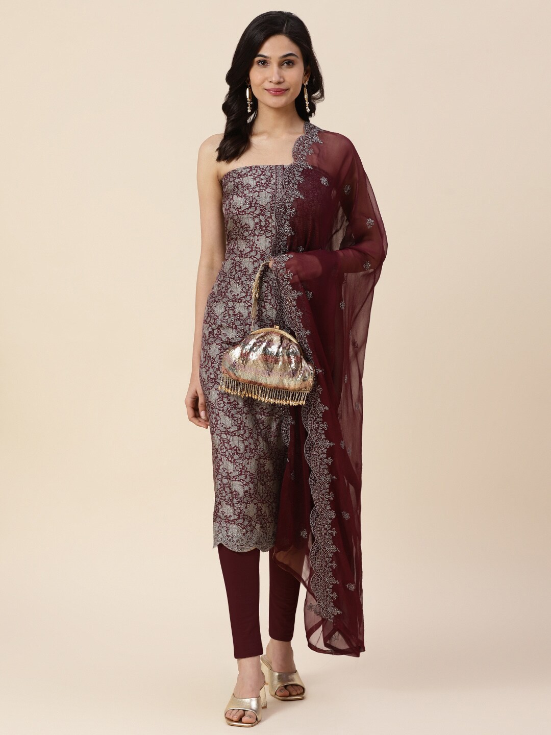 

Meena Bazaar Printed Unstitched Dress Material, Burgundy