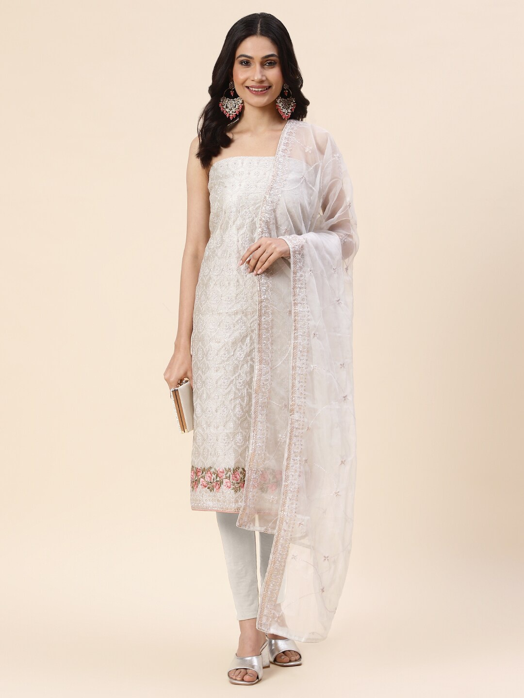

Meena Bazaar Embroidered Art Silk Unstitched Dress Material, Cream