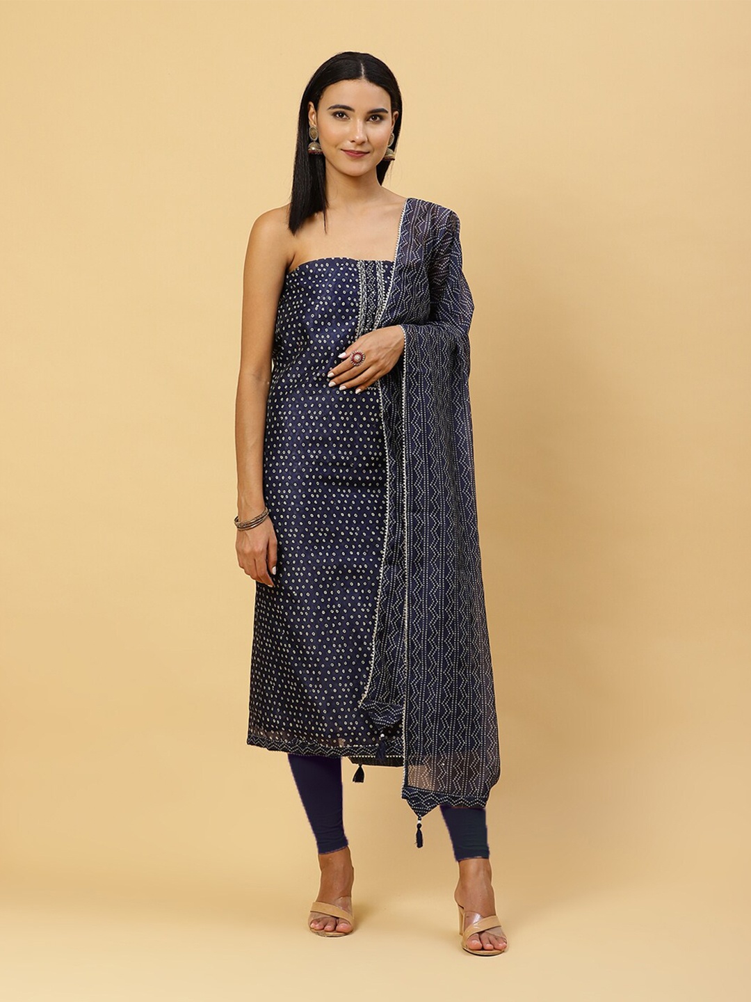 

Meena Bazaar Printed Art Silk Unstitched Dress Material, Navy blue