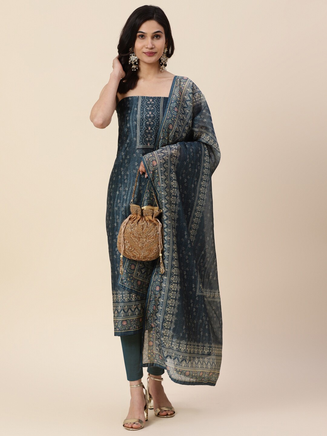 

Meena Bazaar Printed Art Silk Unstitched Dress Material, Grey