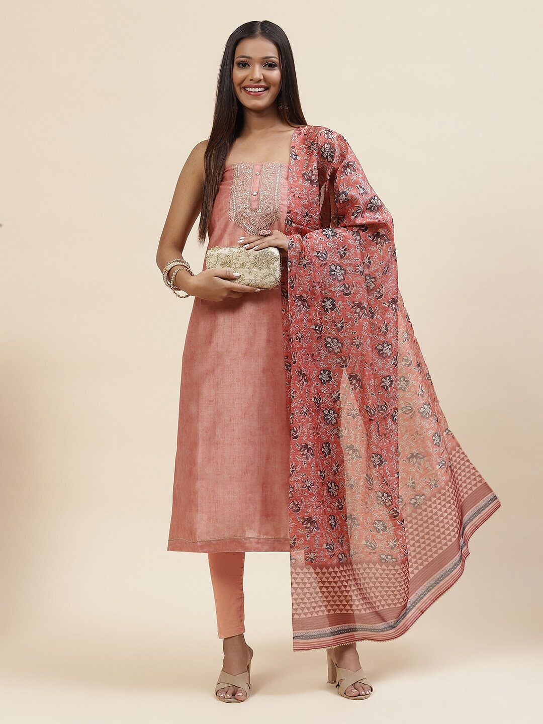 

Meena Bazaar Art Silk Unstitched Dress Material, Peach