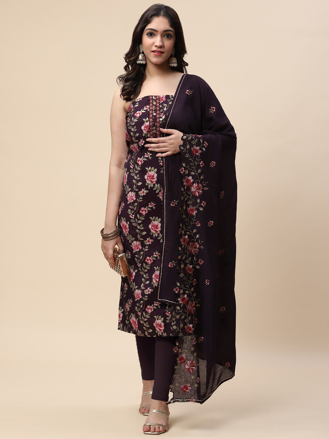 

Meena Bazaar Printed Art Silk Unstitched Dress Material, Burgundy