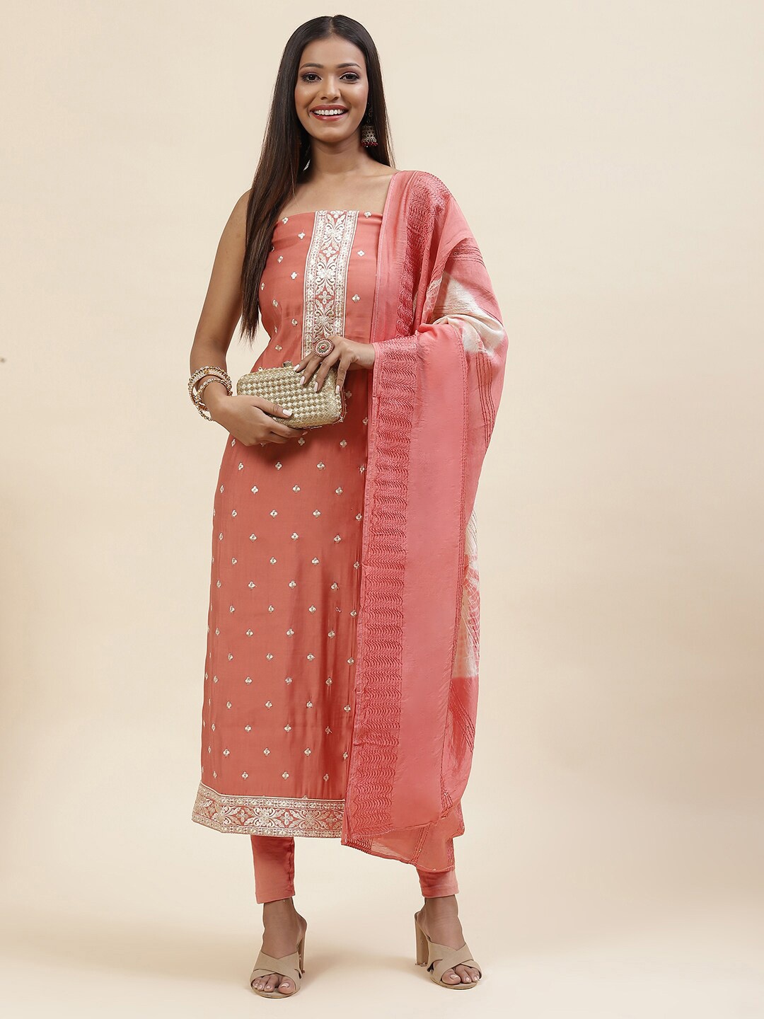 

Meena Bazaar Embroidered Art Silk Unstitched Dress Material, Peach