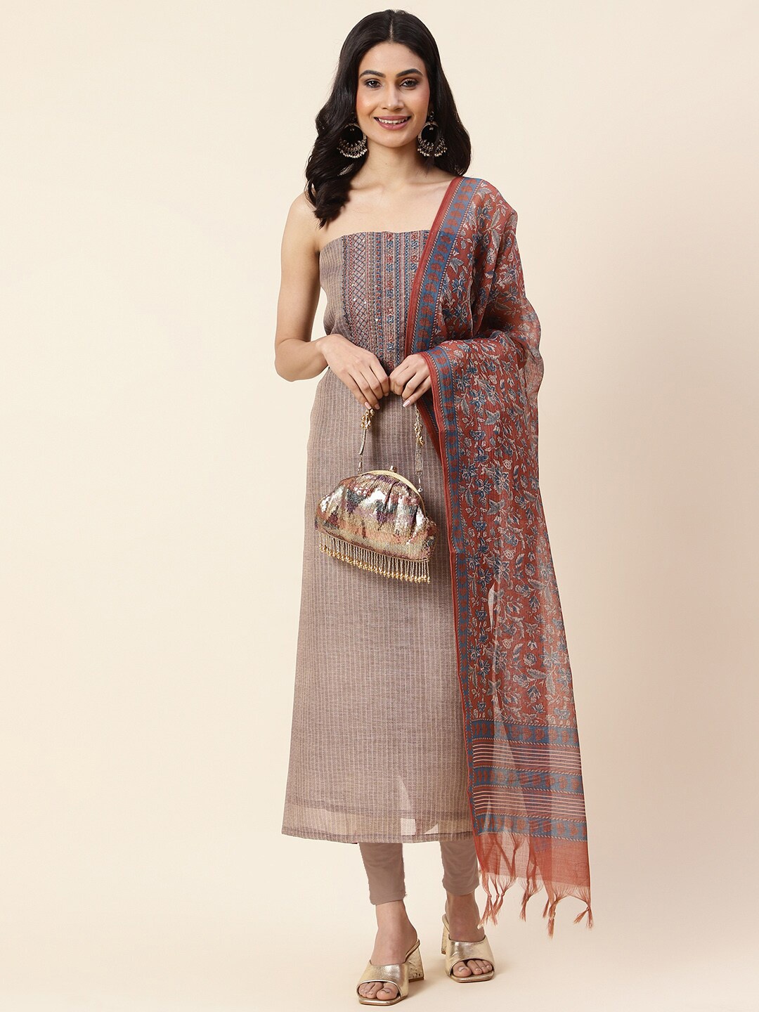 

Meena Bazaar Unstitched Dress Material, Brown