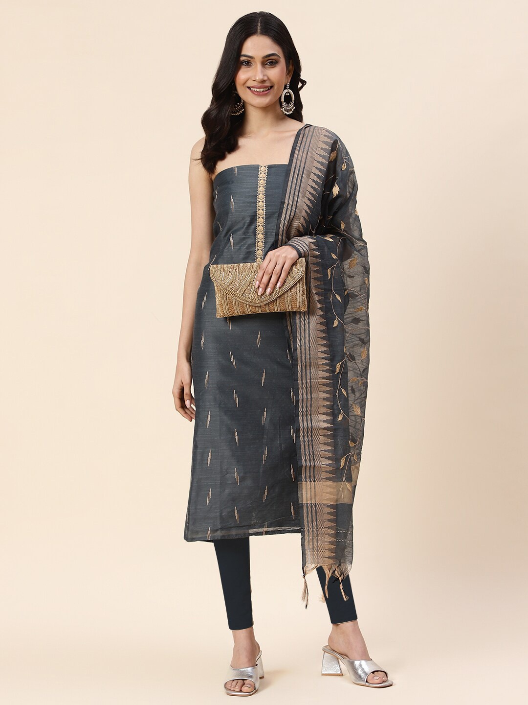 

Meena Bazaar Embroidered Art Silk Unstitched Dress Material, Grey