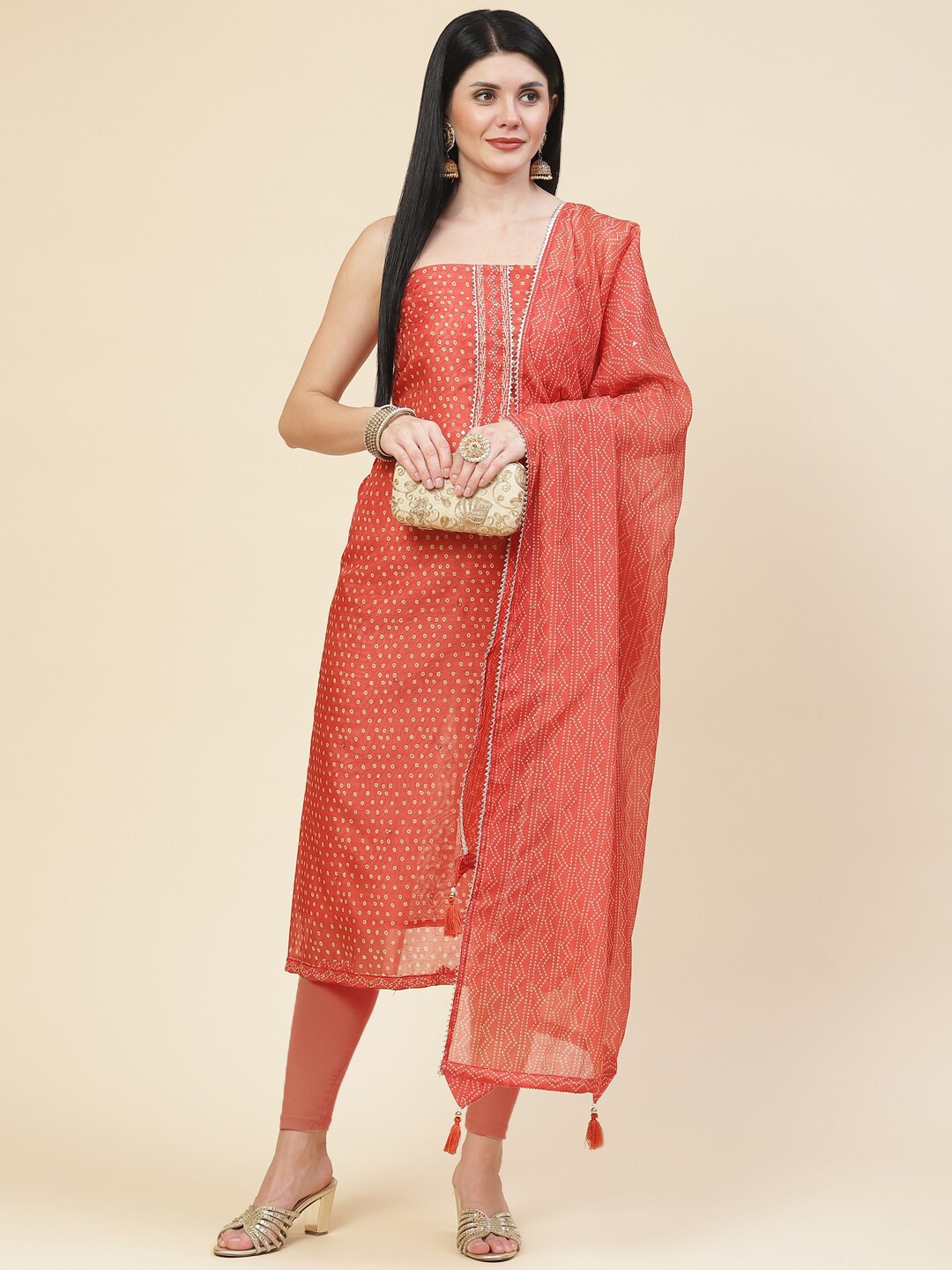 

Meena Bazaar Printed Art Silk Unstitched Dress Material, Rust
