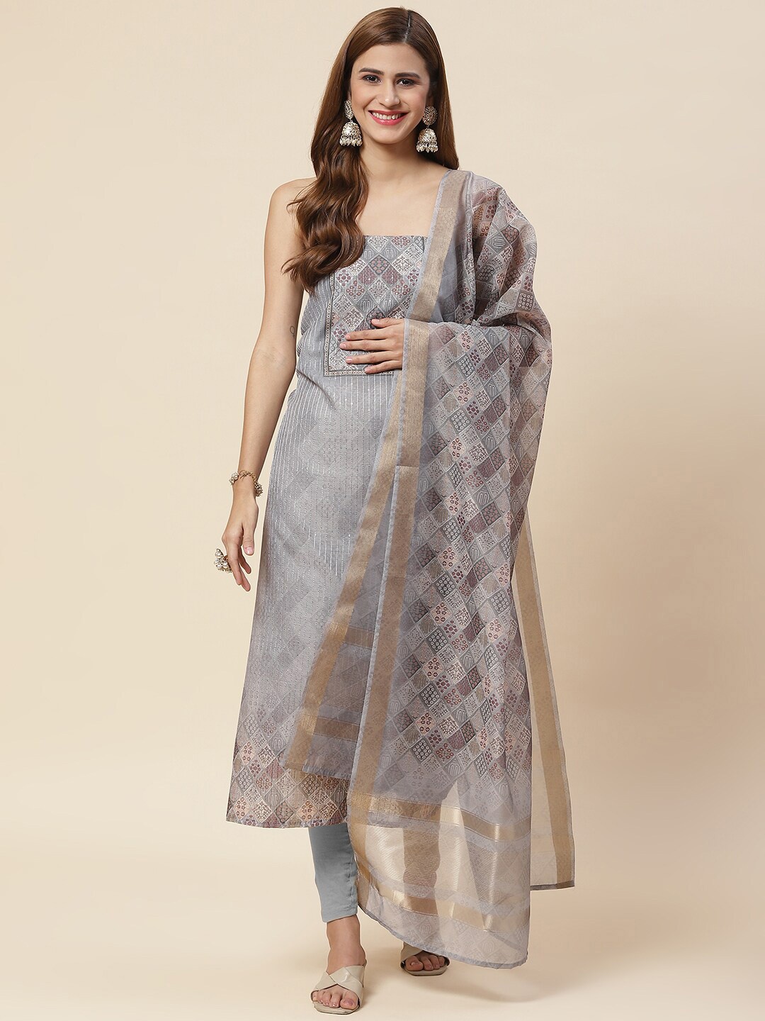

Meena Bazaar Printed Art Silk Unstitched Dress Material, Grey