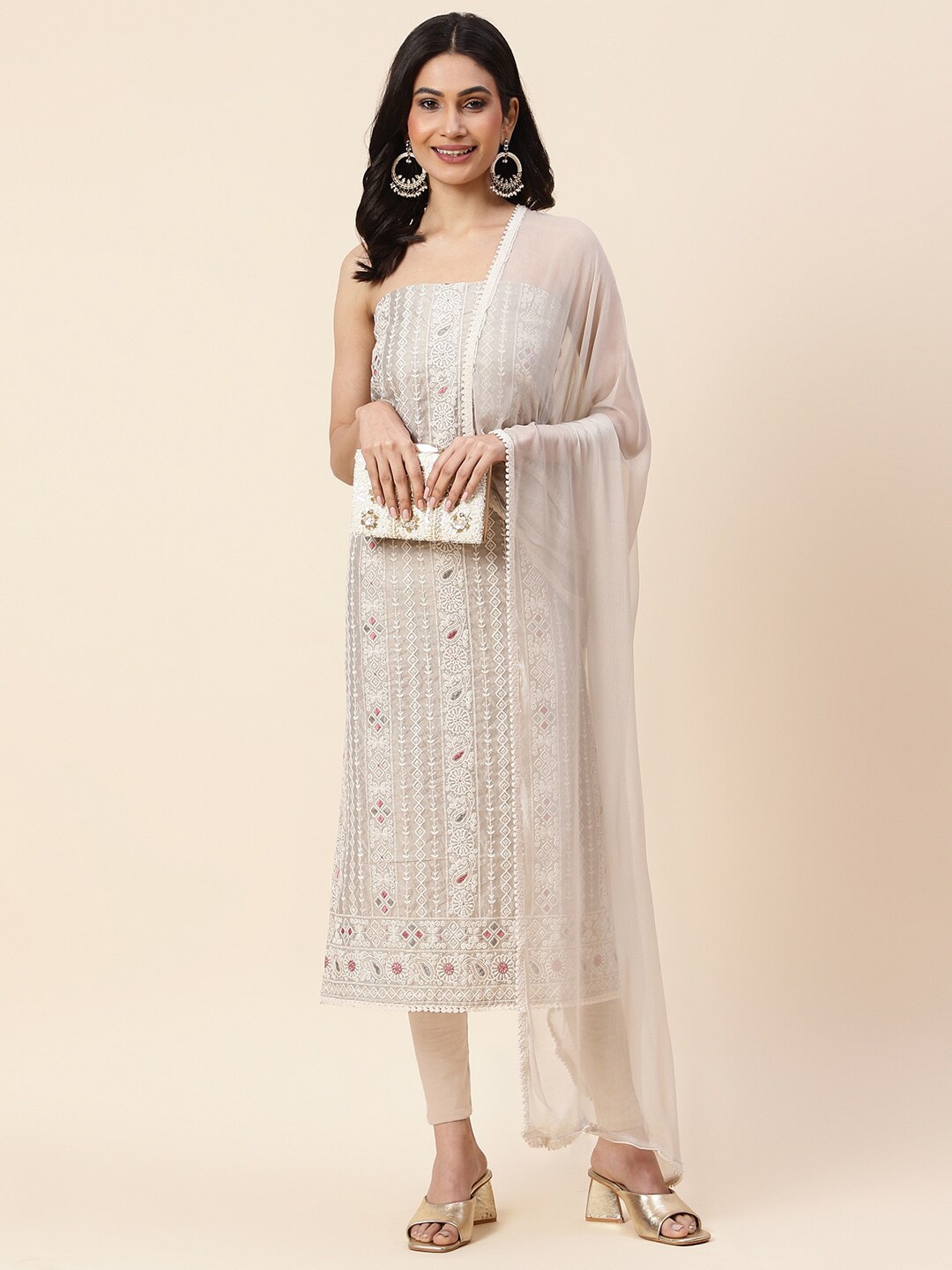 

Meena Bazaar Embroidered Art Silk Unstitched Dress Material, Grey