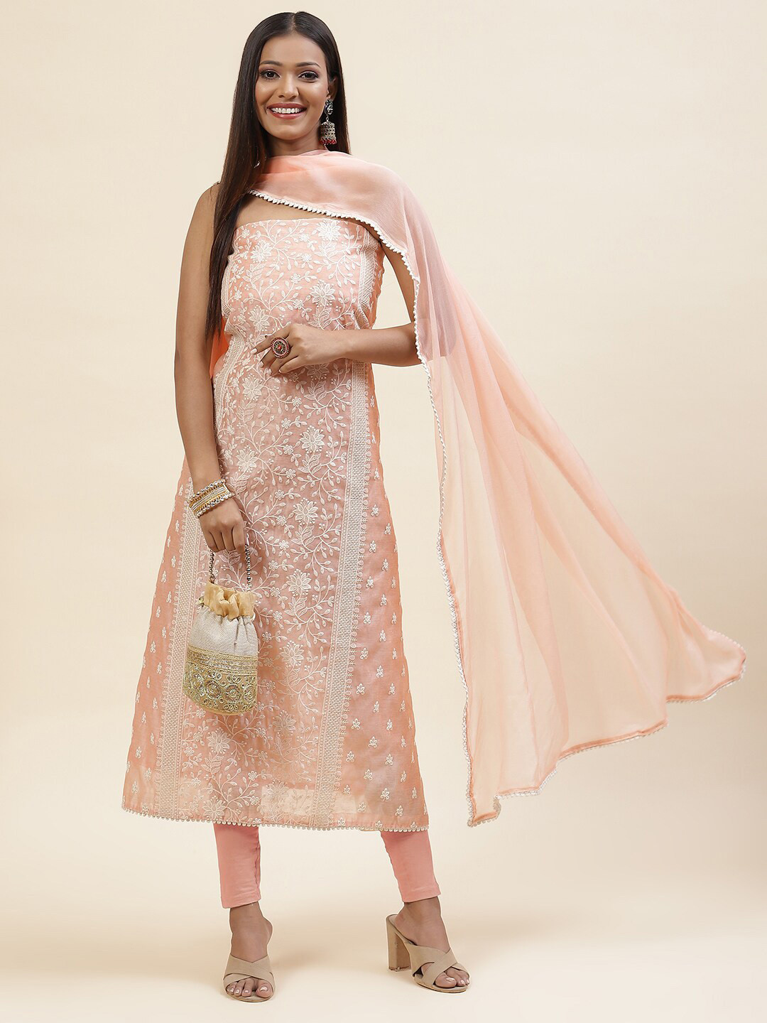

Meena Bazaar Embroidered Unstitched Dress Material, Peach