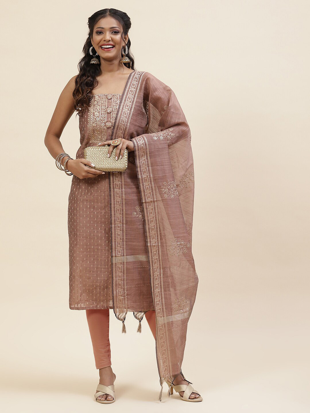 

Meena Bazaar Embroidered Unstitched Dress Material, Peach