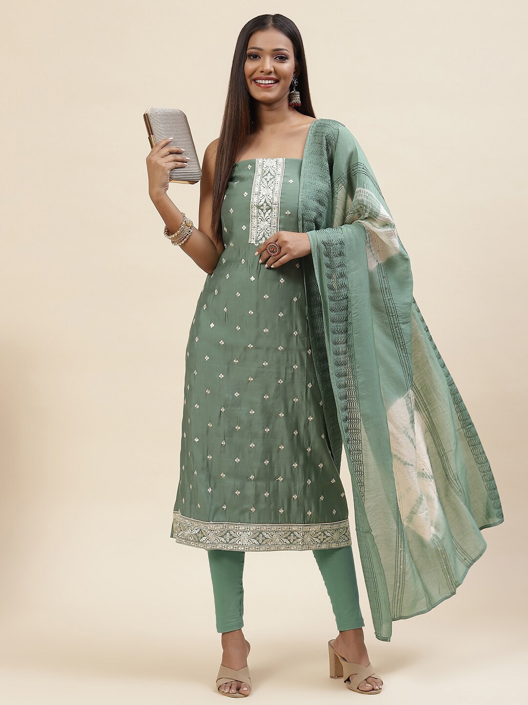 

Meena Bazaar Embroidered Unstitched Dress Material, Sea green