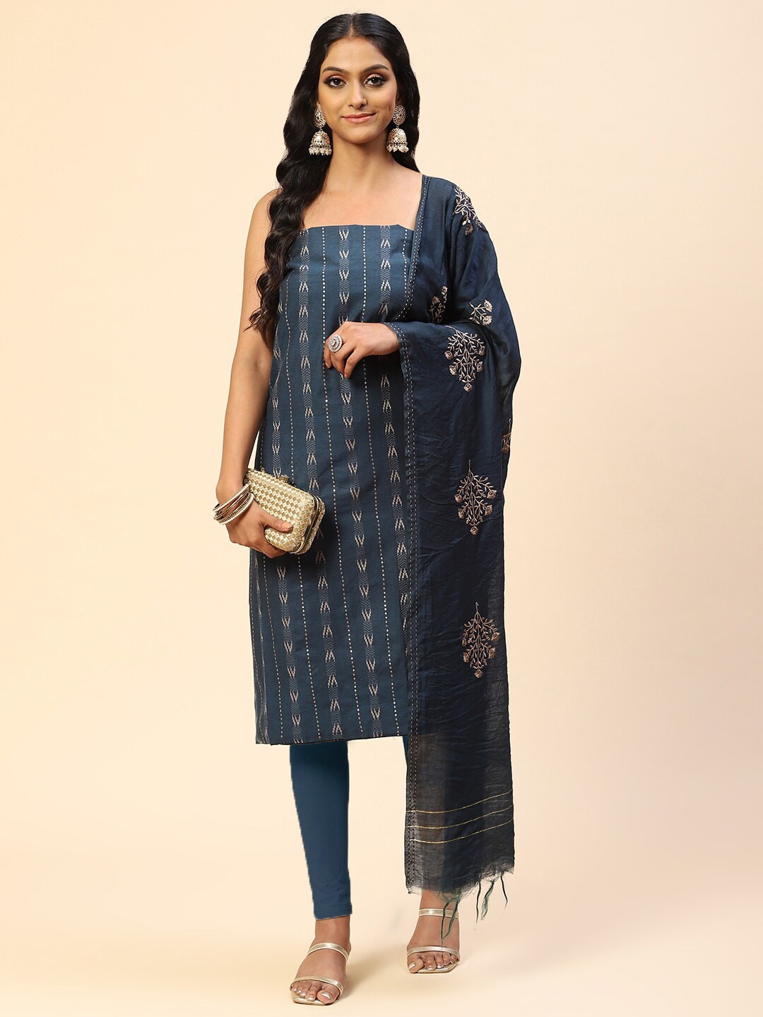 

Meena Bazaar Embroidered Unstitched Dress Material, Navy blue