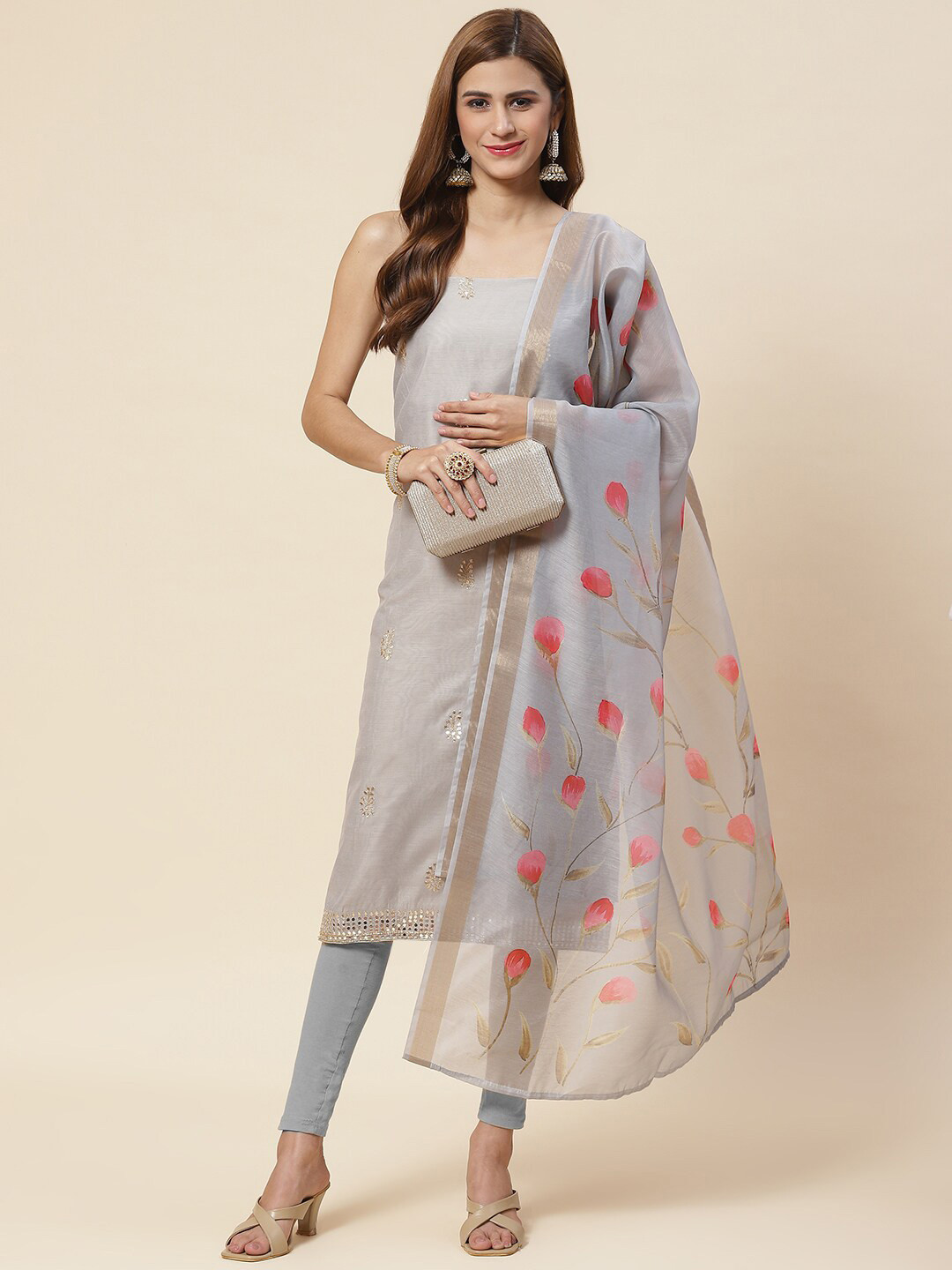 

Meena Bazaar Embroidered Unstitched Dress Material, Grey