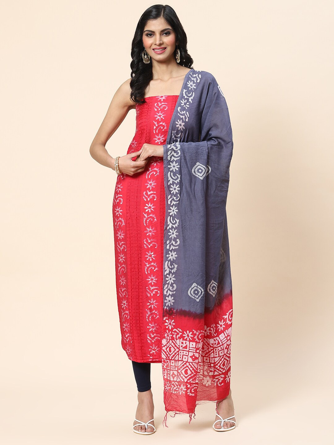 

Meena Bazaar Printed Art Silk Unstitched Dress Material, Red