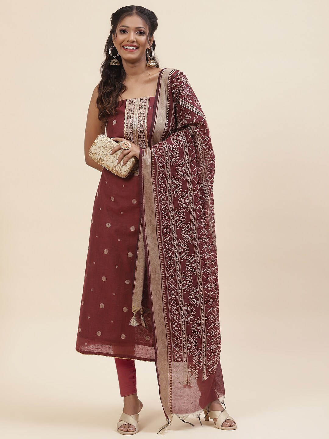 

Meena Bazaar Embroidered Unstitched Dress Material, Maroon