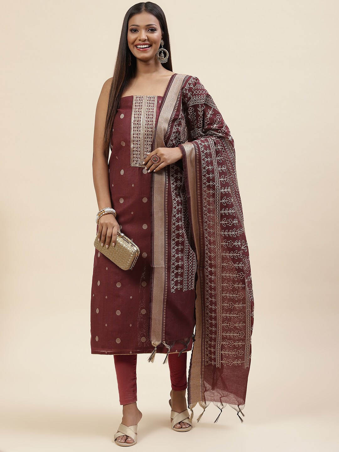 

Meena Bazaar Ethnic Motifs Zari Details Unstitched Dress Material, Maroon