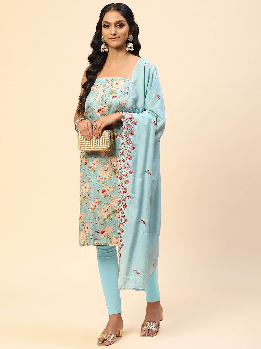 

Meena Bazaar Floral Printed Unstitched Dress Material, Blue