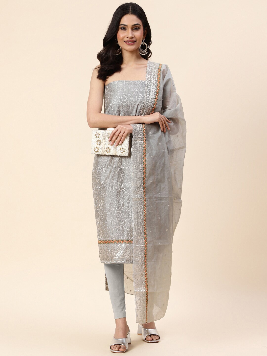 

Meena Bazaar Floral Embroidered Sequinned Art Silk Unstitched Dress Material, Grey